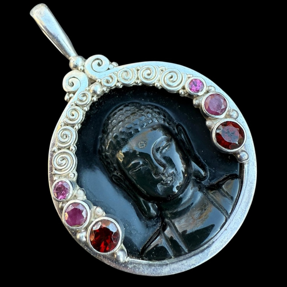 LARGE Sajen Pendant Carved Obsidian Buddha Ruby Garnet Amethyst Sterling Silver